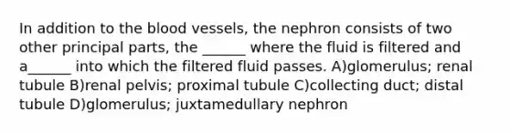 In addition to the blood vessels, the nephron consists of two other principal parts, the ______ where the fluid is filtered and a______ into which the filtered fluid passes. A)glomerulus; renal tubule B)renal pelvis; proximal tubule C)collecting duct; distal tubule D)glomerulus; juxtamedullary nephron