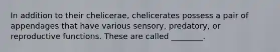 In addition to their chelicerae, chelicerates possess a pair of appendages that have various sensory, predatory, or reproductive functions. These are called ________.