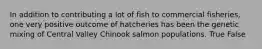 In addition to contributing a lot of fish to commercial fisheries, one very positive outcome of hatcheries has been the genetic mixing of Central Valley Chinook salmon populations. True False