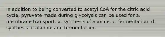 In addition to being converted to acetyl CoA for the citric acid cycle, pyruvate made during glycolysis can be used for a. membrane transport. b. synthesis of alanine. c. fermentation. d. synthesis of alanine and fermentation.