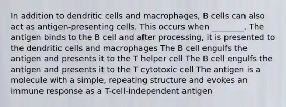 In addition to dendritic cells and macrophages, B cells can also act as antigen-presenting cells. This occurs when ________. The antigen binds to the B cell and after processing, it is presented to the dendritic cells and macrophages The B cell engulfs the antigen and presents it to the T helper cell The B cell engulfs the antigen and presents it to the T cytotoxic cell The antigen is a molecule with a simple, repeating structure and evokes an immune response as a T-cell-independent antigen