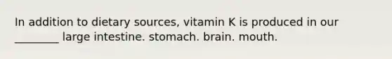 In addition to dietary sources, vitamin K is produced in our ________ large intestine. stomach. brain. mouth.