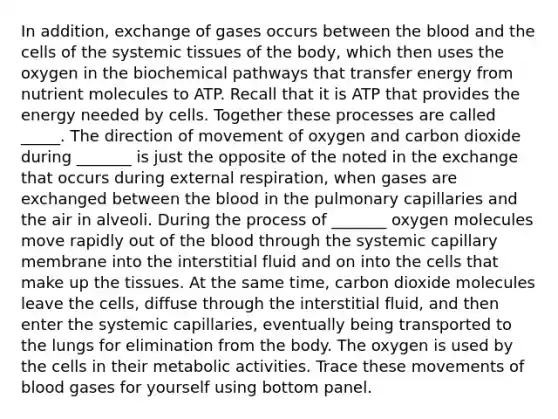 In addition, exchange of gases occurs between the blood and the cells of the systemic tissues of the body, which then uses the oxygen in the biochemical pathways that transfer energy from nutrient molecules to ATP. Recall that it is ATP that provides the energy needed by cells. Together these processes are called _____. The direction of movement of oxygen and carbon dioxide during _______ is just the opposite of the noted in the exchange that occurs during external respiration, when gases are exchanged between the blood in the pulmonary capillaries and the air in alveoli. During the process of _______ oxygen molecules move rapidly out of the blood through the systemic capillary membrane into the interstitial fluid and on into the cells that make up the tissues. At the same time, carbon dioxide molecules leave the cells, diffuse through the interstitial fluid, and then enter the systemic capillaries, eventually being transported to the lungs for elimination from the body. The oxygen is used by the cells in their metabolic activities. Trace these movements of blood gases for yourself using bottom panel.