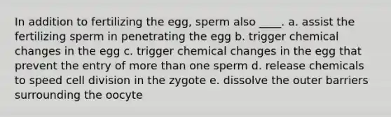 ​In addition to fertilizing the egg, sperm also ____. a. assist the fertilizing sperm in penetrating the egg b. trigger chemical changes in the egg c. trigger chemical changes in the egg that prevent the entry of more than one sperm d. release chemicals to speed cell division in the zygote e. dissolve the outer barriers surrounding the oocyte