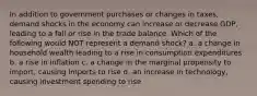 In addition to government purchases or changes in taxes, demand shocks in the economy can increase or decrease GDP, leading to a fall or rise in the trade balance. Which of the following would NOT represent a demand shock? a. a change in household wealth leading to a rise in consumption expenditures b. a rise in inflation c. a change in the marginal propensity to import, causing imports to rise d. an increase in technology, causing investment spending to rise