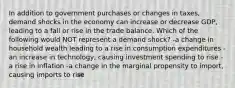 In addition to government purchases or changes in taxes, demand shocks in the economy can increase or decrease GDP, leading to a fall or rise in the trade balance. Which of the following would NOT represent a demand shock? -a change in household wealth leading to a rise in consumption expenditures -an increase in technology, causing investment spending to rise -a rise in inflation -a change in the marginal propensity to import, causing imports to rise