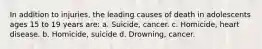 In addition to injuries, the leading causes of death in adolescents ages 15 to 19 years are: a. Suicide, cancer. c. Homicide, heart disease. b. Homicide, suicide d. Drowning, cancer.