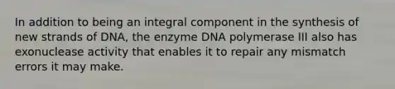 In addition to being an integral component in the synthesis of new strands of DNA, the enzyme DNA polymerase III also has exonuclease activity that enables it to repair any mismatch errors it may make.