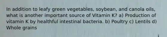 In addition to leafy green vegetables, soybean, and canola oils, what is another important source of Vitamin K? a) Production of vitamin K by healthful intestinal bacteria. b) Poultry c) Lentils d) Whole grains