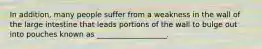 In addition, many people suffer from a weakness in the wall of the large intestine that leads portions of the wall to bulge out into pouches known as ___________________.