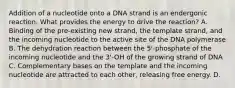 Addition of a nucleotide onto a DNA strand is an endergonic reaction. What provides the energy to drive the reaction? A. Binding of the pre-existing new strand, the template strand, and the incoming nucleotide to the active site of the DNA polymerase B. The dehydration reaction between the 5'-phosphate of the incoming nucleotide and the 3'-OH of the growing strand of DNA C. Complementary bases on the template and the incoming nucleotide are attracted to each other, releasing free energy. D.