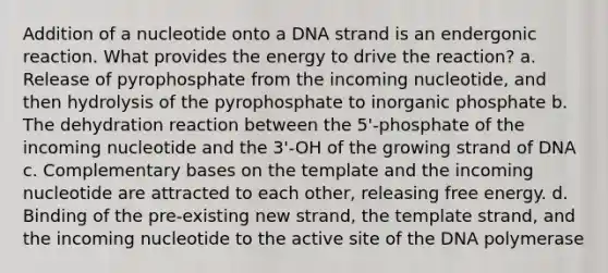 Addition of a nucleotide onto a DNA strand is an endergonic reaction. What provides the energy to drive the reaction? a. Release of pyrophosphate from the incoming nucleotide, and then hydrolysis of the pyrophosphate to inorganic phosphate b. The dehydration reaction between the 5'-phosphate of the incoming nucleotide and the 3'-OH of the growing strand of DNA c. Complementary bases on the template and the incoming nucleotide are attracted to each other, releasing free energy. d. Binding of the pre-existing new strand, the template strand, and the incoming nucleotide to the active site of the DNA polymerase