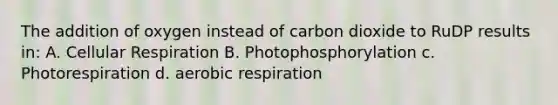 The addition of oxygen instead of carbon dioxide to RuDP results in: A. <a href='https://www.questionai.com/knowledge/k1IqNYBAJw-cellular-respiration' class='anchor-knowledge'>cellular respiration</a> B. Photophosphorylation c. Photorespiration d. <a href='https://www.questionai.com/knowledge/kyxGdbadrV-aerobic-respiration' class='anchor-knowledge'>aerobic respiration</a>