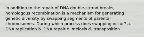 In addition to the repair of DNA double-strand breaks, homologous recombination is a mechanism for generating genetic diversity by swapping segments of parental chromosomes. During which process does swapping occur? a. DNA replication b. DNA repair c. meiosis d. transposition