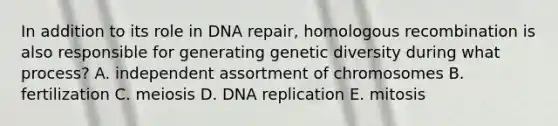 In addition to its role in DNA repair, homologous recombination is also responsible for generating genetic diversity during what process? A. independent assortment of chromosomes B. fertilization C. meiosis D. DNA replication E. mitosis