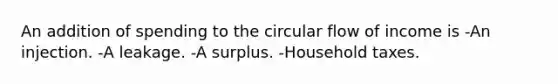 An addition of spending to the circular flow of income is -An injection. -A leakage. -A surplus. -Household taxes.