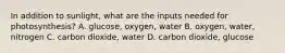 In addition to sunlight, what are the inputs needed for photosynthesis? A. glucose, oxygen, water B. oxygen, water, nitrogen C. carbon dioxide, water D. carbon dioxide, glucose