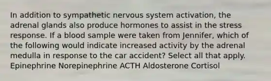 In addition to sympathetic nervous system activation, the adrenal glands also produce hormones to assist in the stress response. If a blood sample were taken from Jennifer, which of the following would indicate increased activity by the adrenal medulla in response to the car accident? Select all that apply. Epinephrine Norepinephrine ACTH Aldosterone Cortisol