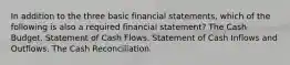 In addition to the three basic financial statements, which of the following is also a required financial statement? The Cash Budget. Statement of Cash Flows. Statement of Cash Inflows and Outflows. The Cash Reconciliation.