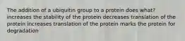 The addition of a ubiquitin group to a protein does what? increases the stability of the protein decreases translation of the protein increases translation of the protein marks the protein for degradation