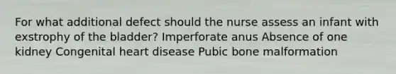 For what additional defect should the nurse assess an infant with exstrophy of the bladder? Imperforate anus Absence of one kidney Congenital heart disease Pubic bone malformation