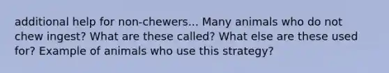 additional help for non-chewers... Many animals who do not chew ingest? What are these called? What else are these used for? Example of animals who use this strategy?