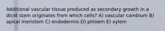 Additional vascular tissue produced as secondary growth in a dicot stem originates from which cells? A) vascular cambium B) apical meristem C) endodermis D) phloem E) xylem