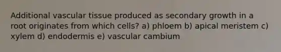 Additional vascular tissue produced as secondary growth in a root originates from which cells? a) phloem b) apical meristem c) xylem d) endodermis e) vascular cambium