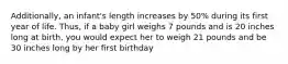 Additionally, an infant's length increases by 50% during its first year of life. Thus, if a baby girl weighs 7 pounds and is 20 inches long at birth, you would expect her to weigh 21 pounds and be 30 inches long by her first birthday