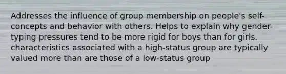 Addresses the influence of group membership on people's self-concepts and behavior with others. Helps to explain why gender-typing pressures tend to be more rigid for boys than for girls. characteristics associated with a high-status group are typically valued more than are those of a low-status group