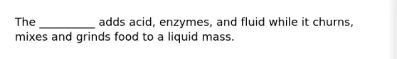 The __________ adds acid, enzymes, and fluid while it churns, mixes and grinds food to a liquid mass.​