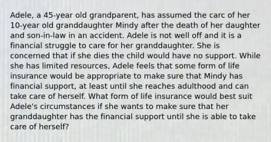 Adele, a 45-year old grandparent, has assumed the carc of her 10-year old granddaughter Mindy after the death of her daughter and son-in-law in an accident. Adele is not well off and it is a financial struggle to care for her granddaughter. She is concerned that if she dies the child would have no support. While she has limited resources, Adele feels that some form of life insurance would be appropriate to make sure that Mindy has financial support, at least until she reaches adulthood and can take care of herself. What form of life insurance would best suit Adele's circumstances if she wants to make sure that her granddaughter has the financial support until she is able to take care of herself?