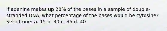 If adenine makes up 20% of the bases in a sample of double-stranded DNA, what percentage of the bases would be cytosine? Select one: a. 15 b. 30 c. 35 d. 40