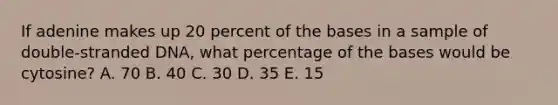 If adenine makes up 20 percent of the bases in a sample of double-stranded DNA, what percentage of the bases would be cytosine? A. 70 B. 40 C. 30 D. 35 E. 15