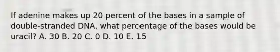 If adenine makes up 20 percent of the bases in a sample of double-stranded DNA, what percentage of the bases would be uracil? A. 30 B. 20 C. 0 D. 10 E. 15