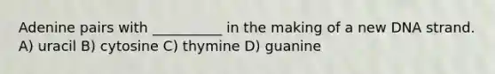 Adenine pairs with __________ in the making of a new DNA strand. A) uracil B) cytosine C) thymine D) guanine