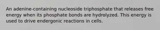 An adenine-containing nucleoside triphosphate that releases free energy when its phosphate bonds are hydrolyzed. This energy is used to drive endergonic reactions in cells.