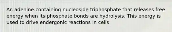 An adenine-containing nucleoside triphosphate that releases free energy when its phosphate bonds are hydrolysis. This energy is used to drive endergonic reactions in cells