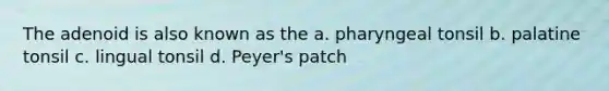 The adenoid is also known as the a. pharyngeal tonsil b. palatine tonsil c. lingual tonsil d. Peyer's patch
