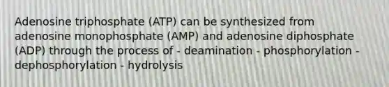 Adenosine triphosphate (ATP) can be synthesized from adenosine monophosphate (AMP) and adenosine diphosphate (ADP) through the process of - deamination - phosphorylation - dephosphorylation - hydrolysis