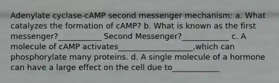 Adenylate cyclase-cAMP second messenger mechanism: a. What catalyzes the formation of cAMP? b. What is known as the first messenger?___________ Second Messenger?____________ c. A molecule of cAMP activates___________________,which can phosphorylate many proteins. d. A single molecule of a hormone can have a large effect on the cell due to____________