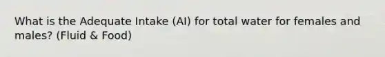 What is the Adequate Intake (AI) for total water for females and males? (Fluid & Food)