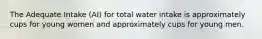 The Adequate Intake (AI) for total water intake is approximately cups for young women and approximately cups for young men.