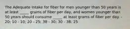 The Adequate Intake for fiber for men younger than 50 years is at least _____ grams of fiber per day, and women younger than 50 years should consume _____ at least grams of fiber per day. - 20; 10 - 10; 20 - 25; 38 - 30; 30 - 38; 25