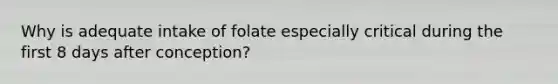 Why is adequate intake of folate especially critical during the first 8 days after conception?