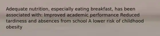 Adequate nutrition, especially eating breakfast, has been associated with: Improved academic performance Reduced tardiness and absences from school A lower risk of childhood obesity