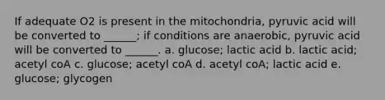 If adequate O2 is present in the mitochondria, pyruvic acid will be converted to ______; if conditions are anaerobic, pyruvic acid will be converted to ______. a. glucose; lactic acid b. lactic acid; acetyl coA c. glucose; acetyl coA d. acetyl coA; lactic acid e. glucose; glycogen