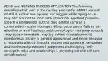 ADHD and NURSING PROCESS APPLICAITON The following describes which part of the nursing process for ADHD? -cannot sit still in a chair and squirms and wiggles while trying do so -may dart around the room with little or not apparent purpose -speech is unimpaired, but the child cannot carry on a conversation -he/she interrupts -blurts out answers -fails to pay attention to what has been said -convo topics may jump abruptly -may appear immature -may lag behind in developmental milestones a. history b. general appearance and motor behavior c. mood and affect d. thought process and content e. sensorium and intellectual processes f. judgement and insight g. self-concept h. roles and relationships i. physiological and self-care considerations