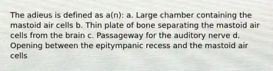 The adieus is defined as a(n): a. Large chamber containing the mastoid air cells b. Thin plate of bone separating the mastoid air cells from the brain c. Passageway for the auditory nerve d. Opening between the epitympanic recess and the mastoid air cells