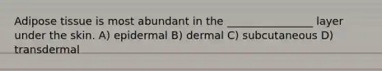 Adipose tissue is most abundant in the ________________ layer under the skin. A) epidermal B) dermal C) subcutaneous D) transdermal